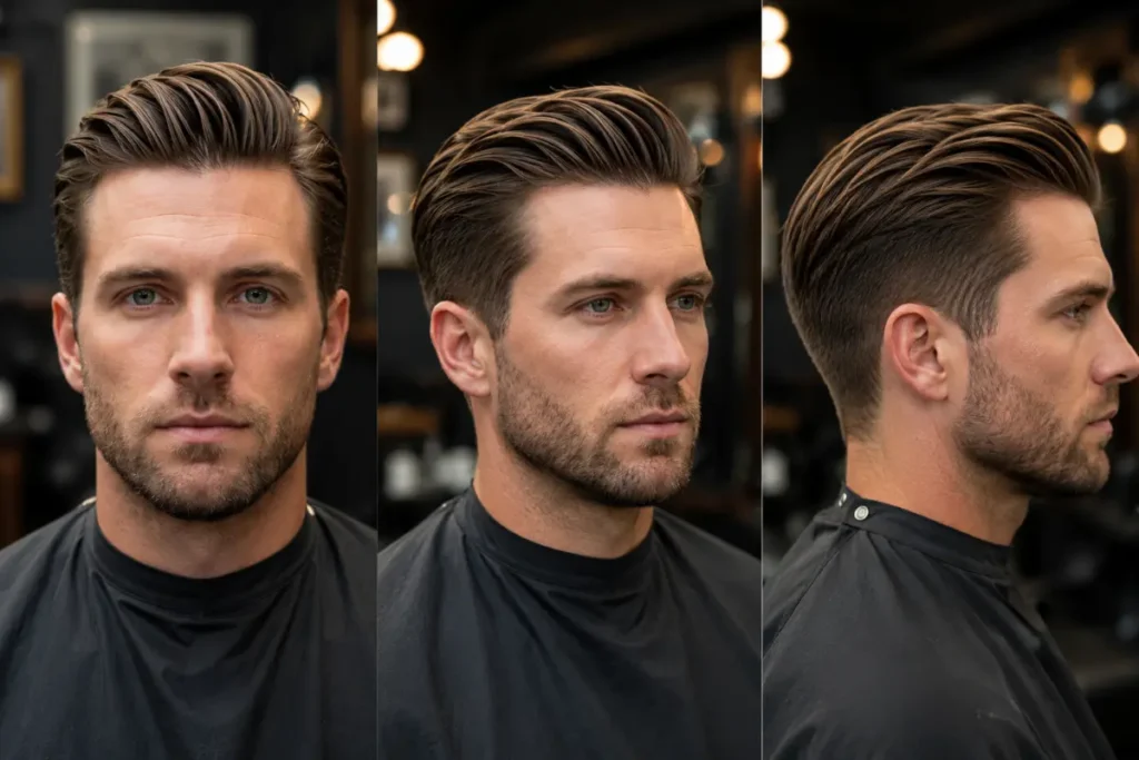 Mid length side part slick back showing hair brushed up and back into a soft side part rather than straight back