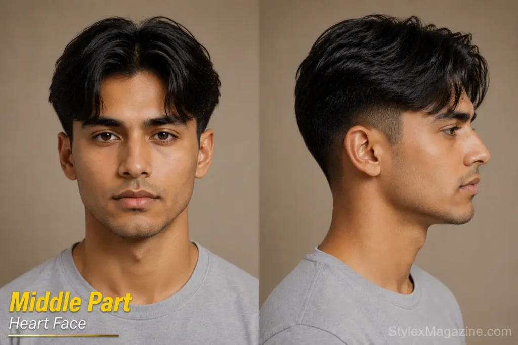  Middle part on heart face showing shorter center part falling forward on both sides with low fade
