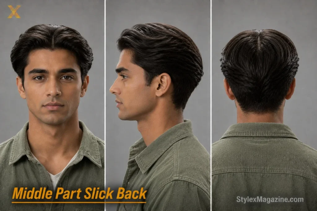 Middle part slick back on a South Asian man with heart face, hair parted centre and swept back on both sides