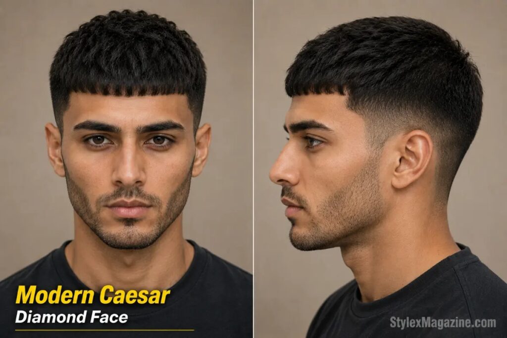 Modern Caesar cut on diamond face showing short horizontal textured fringe adding width across narrow forehead