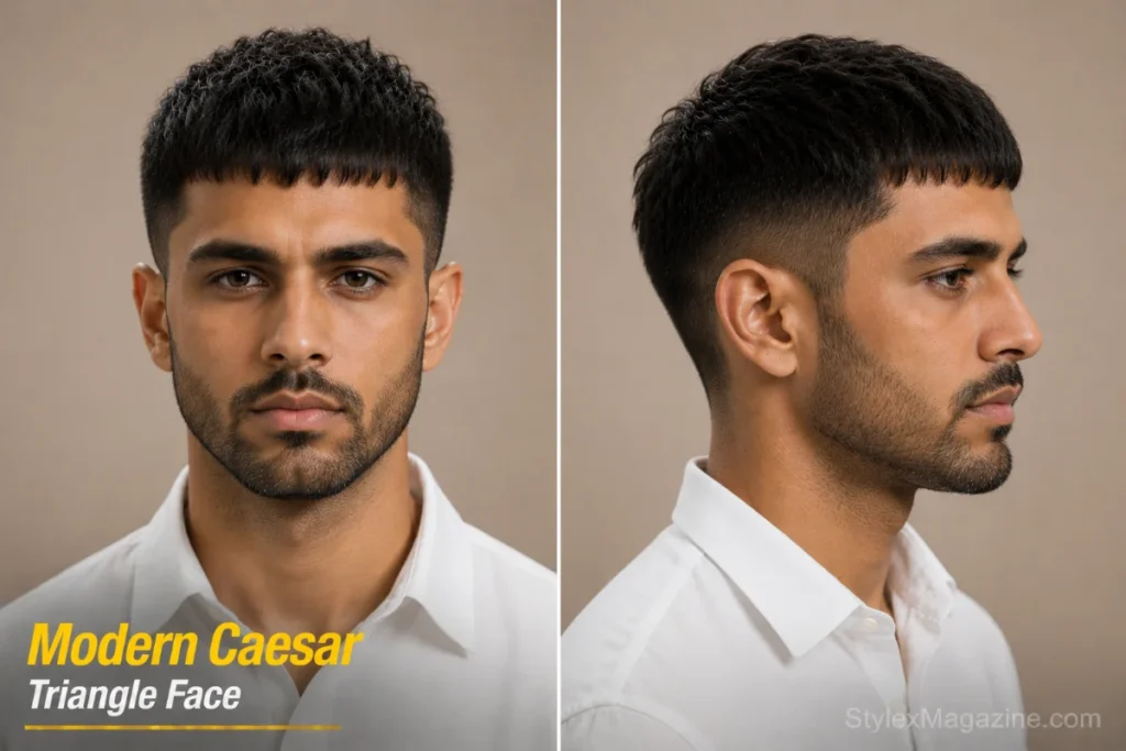 Modern Caesar cut on triangle face showing horizontal fringe adding width to narrow forehead with textured top