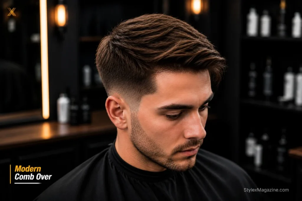 Modern comb over with relaxed natural flow and soft barely-visible part line
