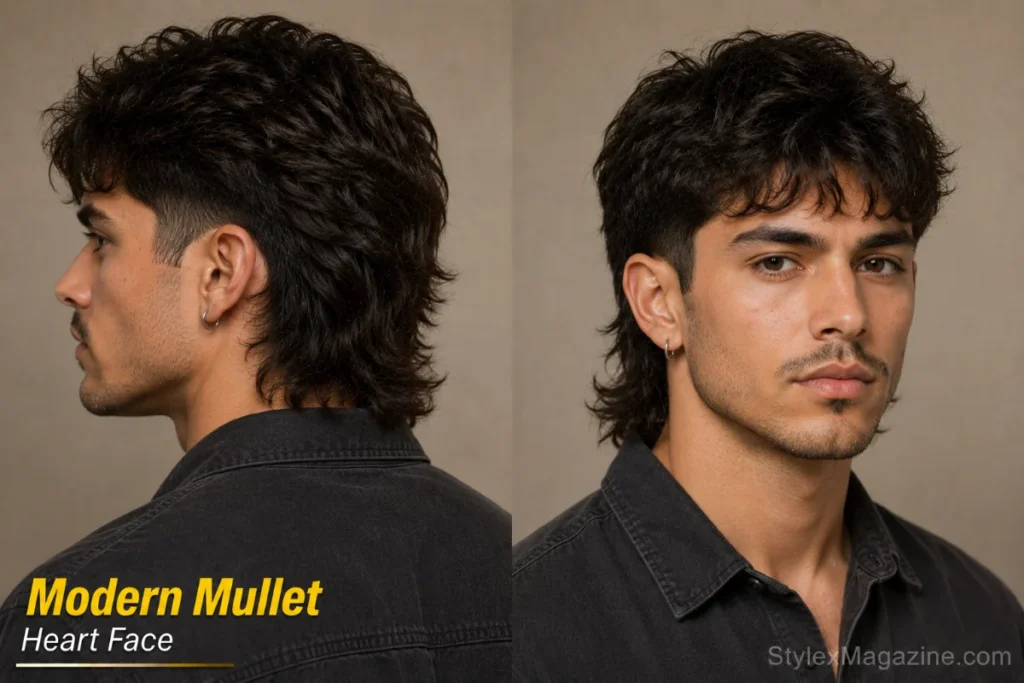 Modern mullet on heart face showing textured top with longer back layers and tapered sides