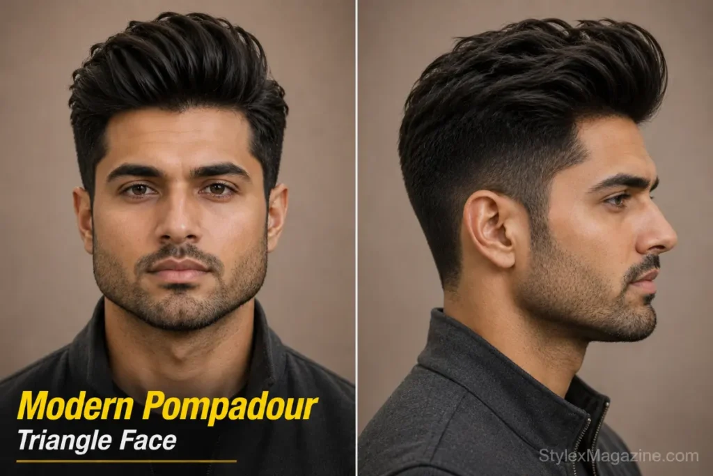 Modern pompadour on triangle face showing backward upward volume with matte texture softening wide jaw