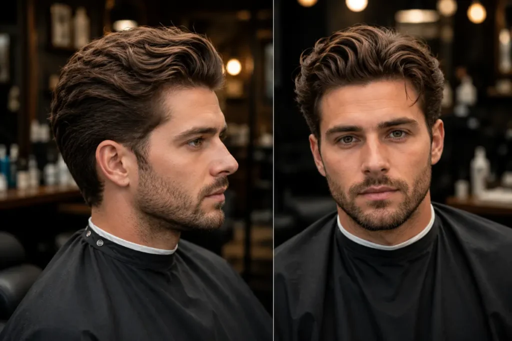 Modern textured slick back showing matte clay finish with looser movement compared to classic high shine version