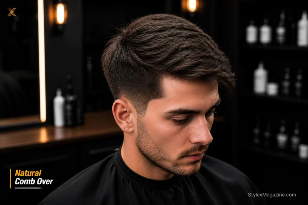 Natural comb over with no product showing hair following its natural growth direction with no styling