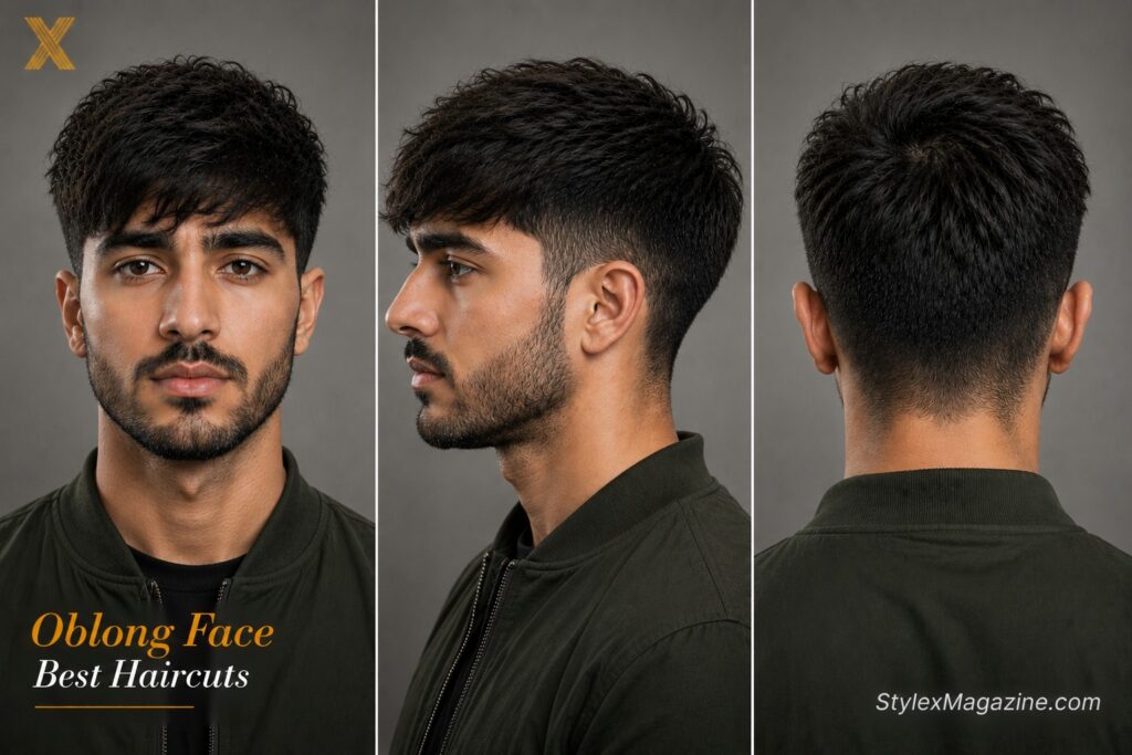Oblong face shape haircut showing long narrow face with textured fringe and side volume adding width