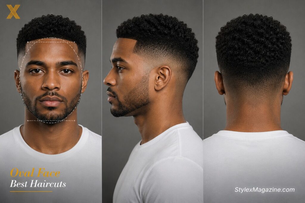 Oval face shape haircut showing balanced proportions with textured crop and mid fade