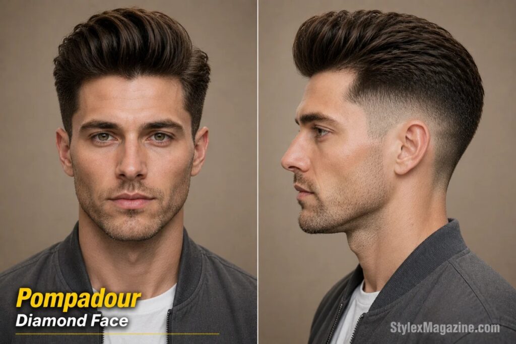 Pompadour on diamond face showing backward upward volume adding vertical height above wide cheekbones