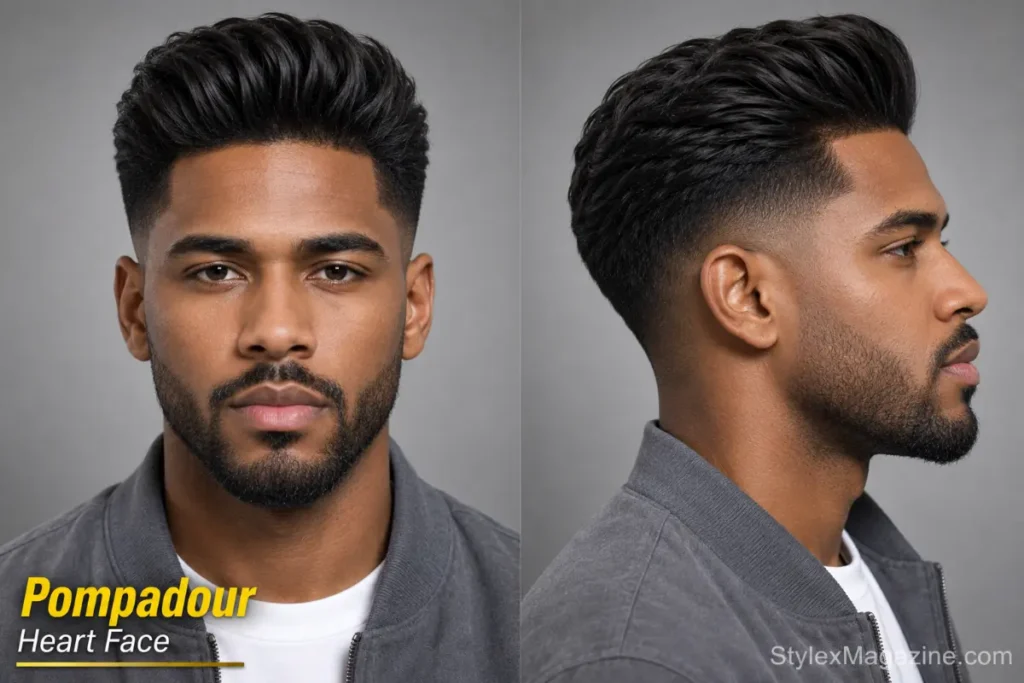 Pompadour on heart face showing backward upward volume with low mid fade keeping sides balanced