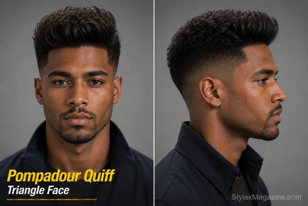 Pompadour quiff on triangle face showing volume forward and upward creating more forehead width than standard pompadour