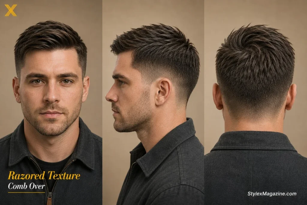 Razored texture comb over showing uneven razor-cut ends creating natural movement and texture