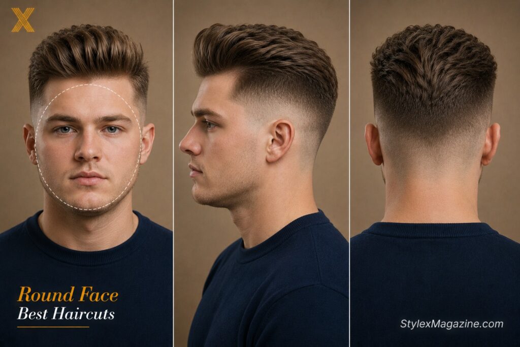Round face shape haircut showing high fade with volume on top adding visual height to circular face