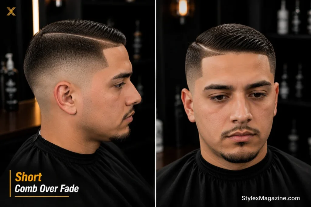 Short comb over fade at 1 to 1.5 inches on top showing minimal length with clean side part