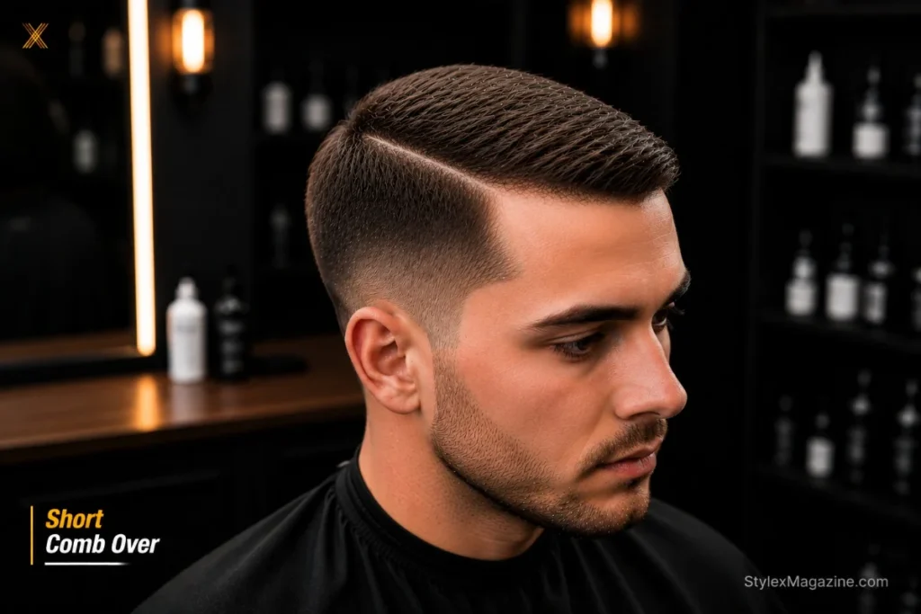 Short comb over at 1 to 1.5 inches on top showing minimal length with side part and tapered sides