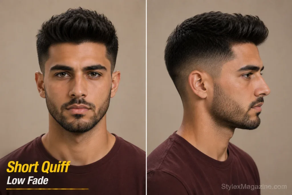 Short quiff with low fade on triangle face showing 2 inch volume at front with fuller low fade sides