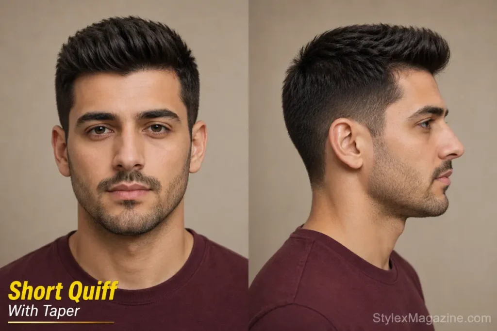 Short quiff with taper on heart face showing forward upward volume with fuller tapered sides