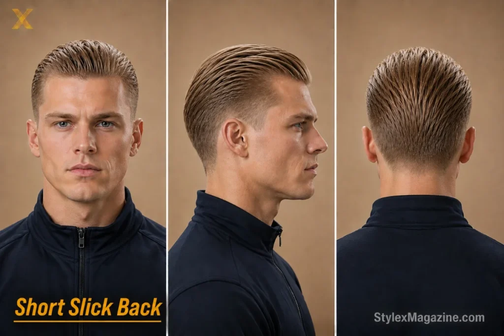 Short slick back on a white man with square face, 2 inches on top pushed back, tight taper sides
