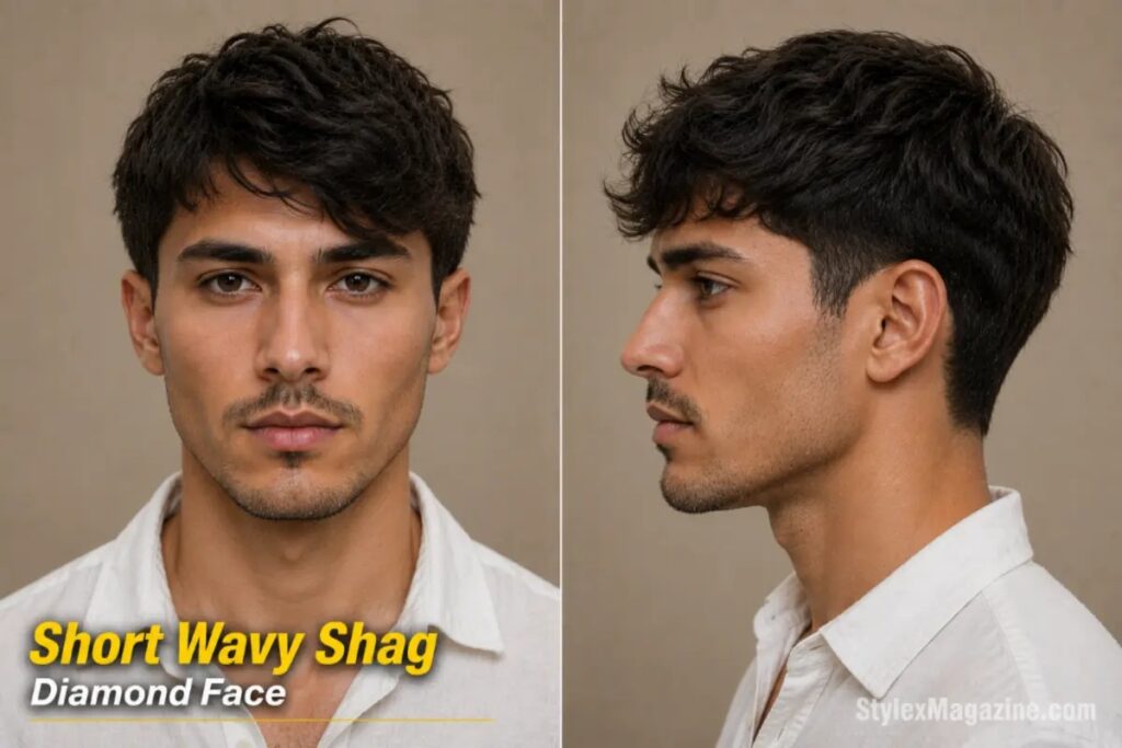 Short wavy shag on diamond face showing choppy layered texture with wavy fringe pushed to one side