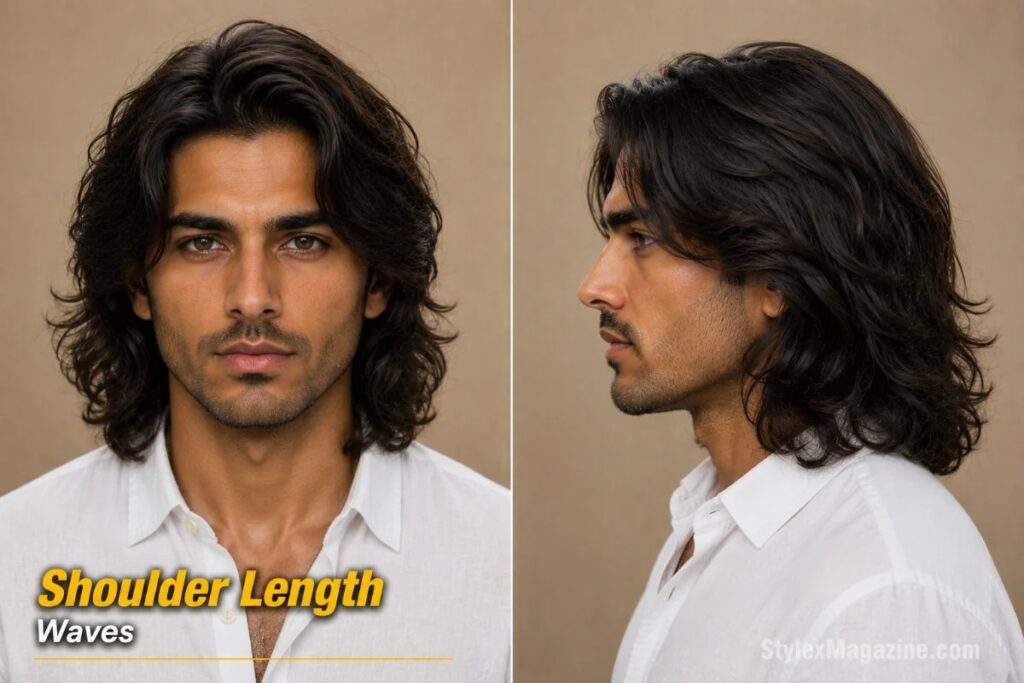 Shoulder length waves on diamond face showing natural wavy hair framing and softening angular cheekbones
