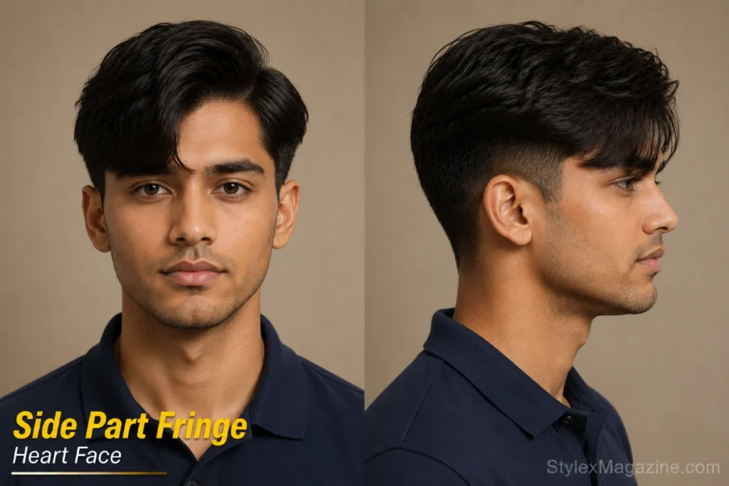 Side part fringe on heart face showing longer fringe sweeping to cover one side of wide forehead