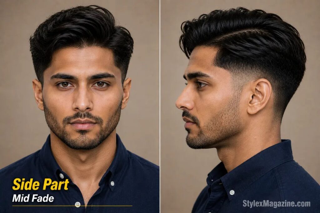 Side part mid fade on diamond face showing natural soft part with textured finish and temple level fade