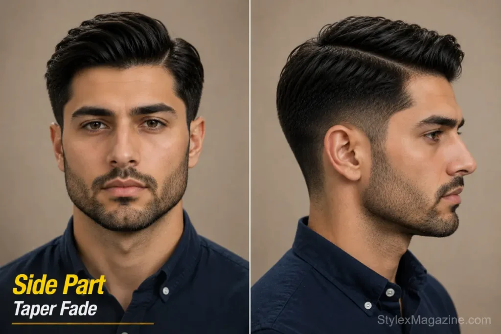 Side part with taper fade on triangle face showing asymmetric part drawing eye to upper face away from jaw