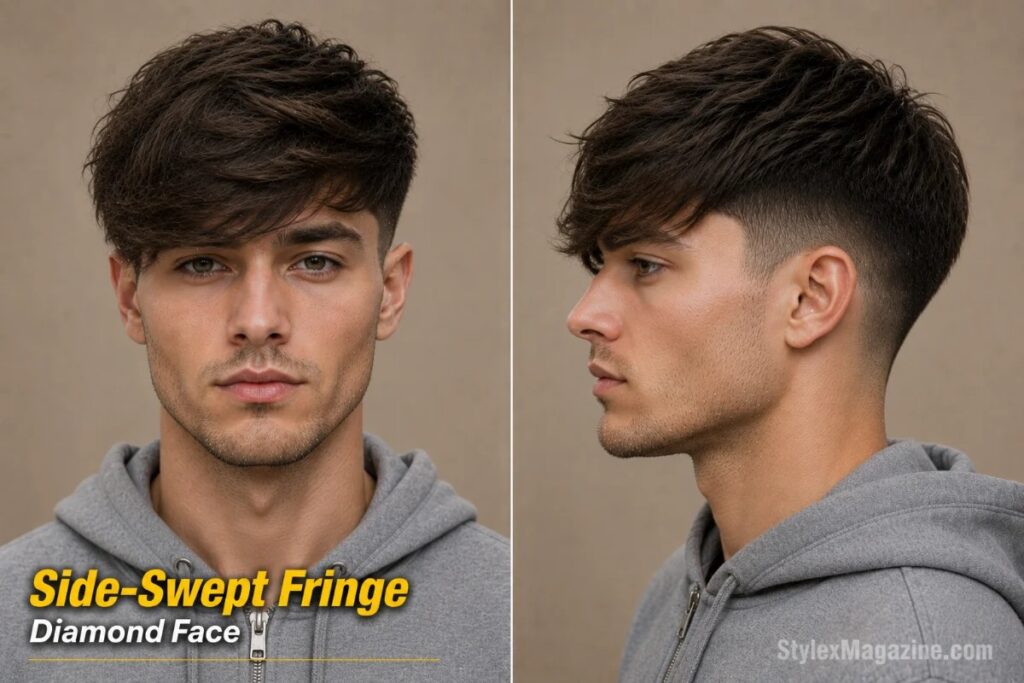 Side swept fringe on diamond face showing longer fringe coverage across narrow forehead swept to one side