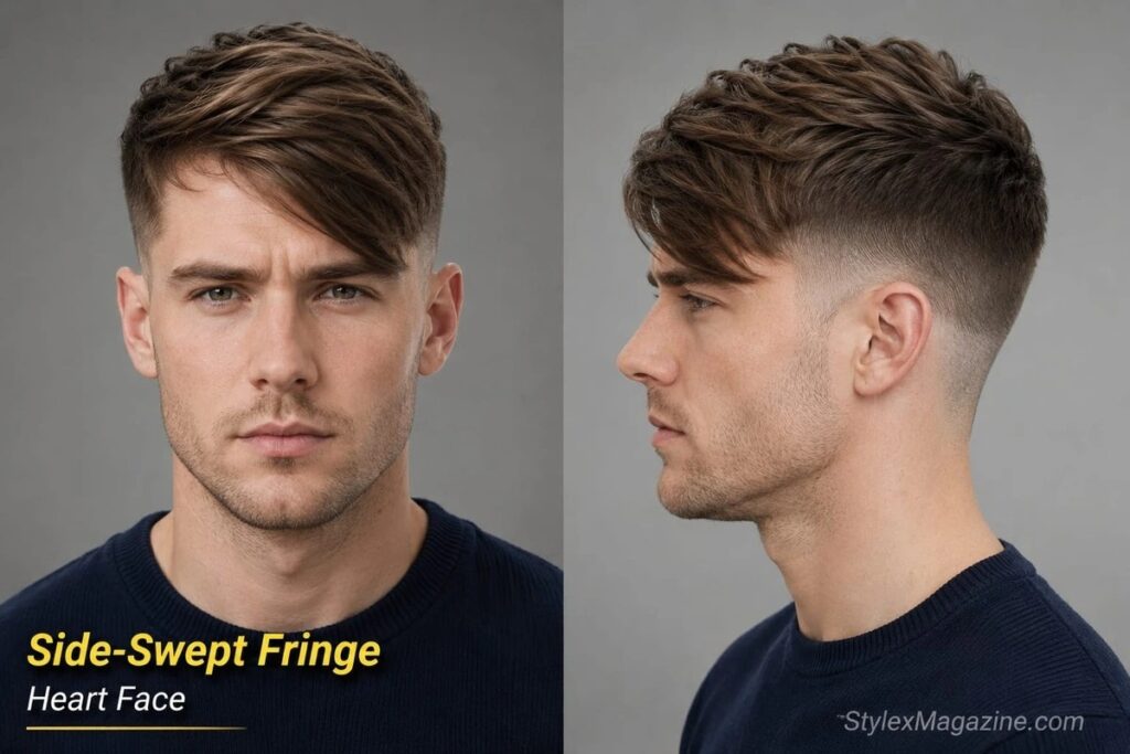 Side swept fringe on heart face shape showing diagonal sweep across wide forehead with low mid fade