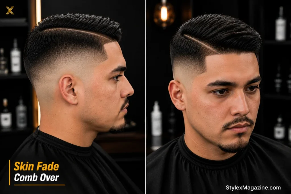 Skin fade comb over showing bare skin at base with straight razor finish and sharp contrast