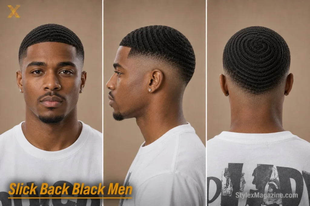 Slick back for Black men with type 4B hair, wave pattern brushed back, high fade on a Black man with oval face