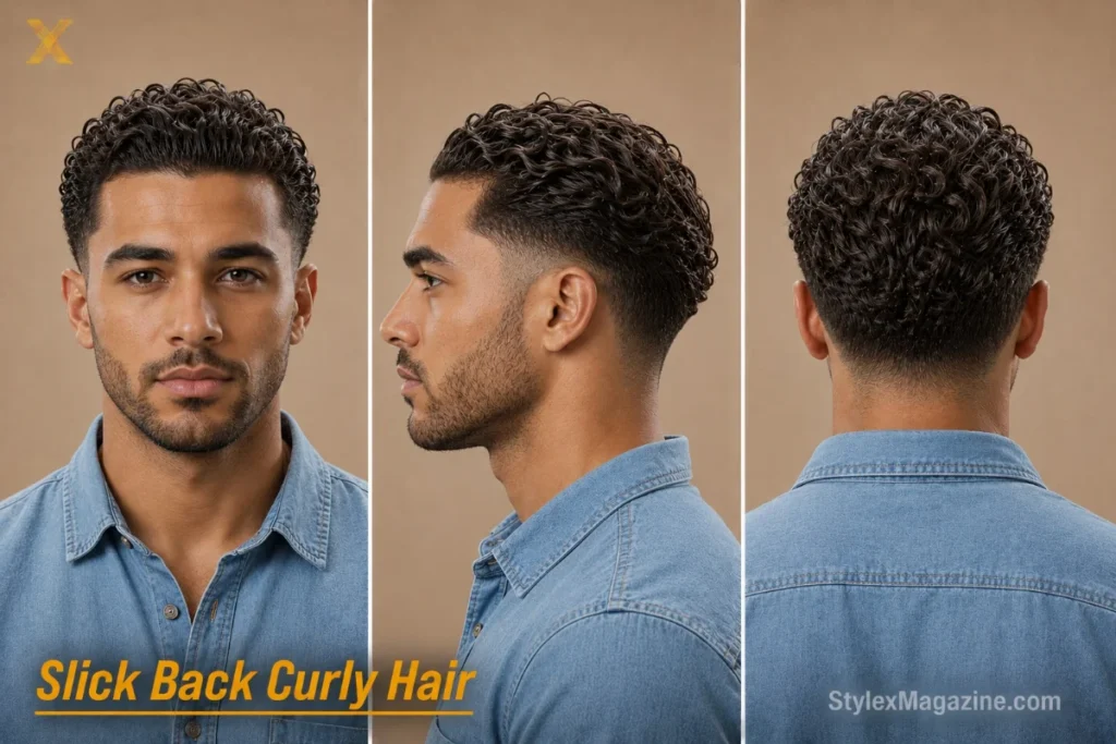 Slick back for curly hair on a mixed-race man with oval face, curls pushed back with curl cream, mid fade