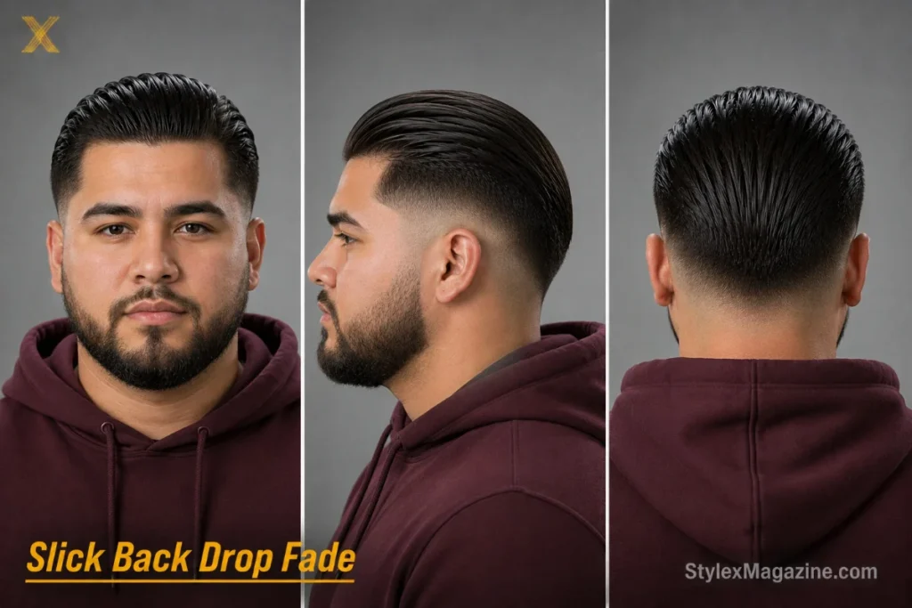 Slick back drop fade on a Latino man with round face and beard, curved fade dropping behind the ear