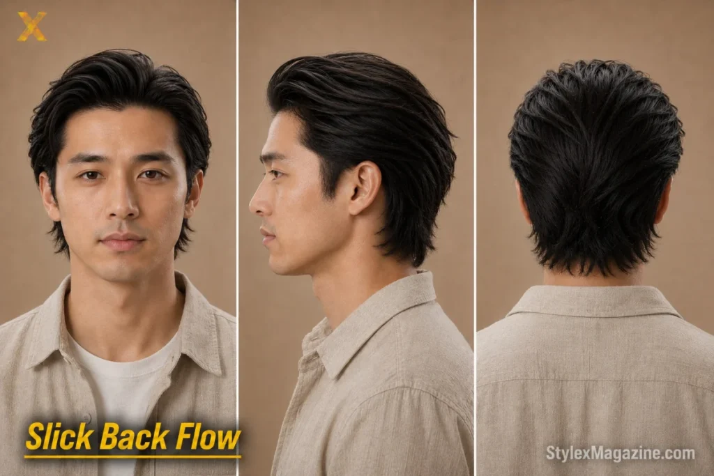 Slick back flow on an East Asian man with oval face, loose natural movement, lightweight cream, low taper sides