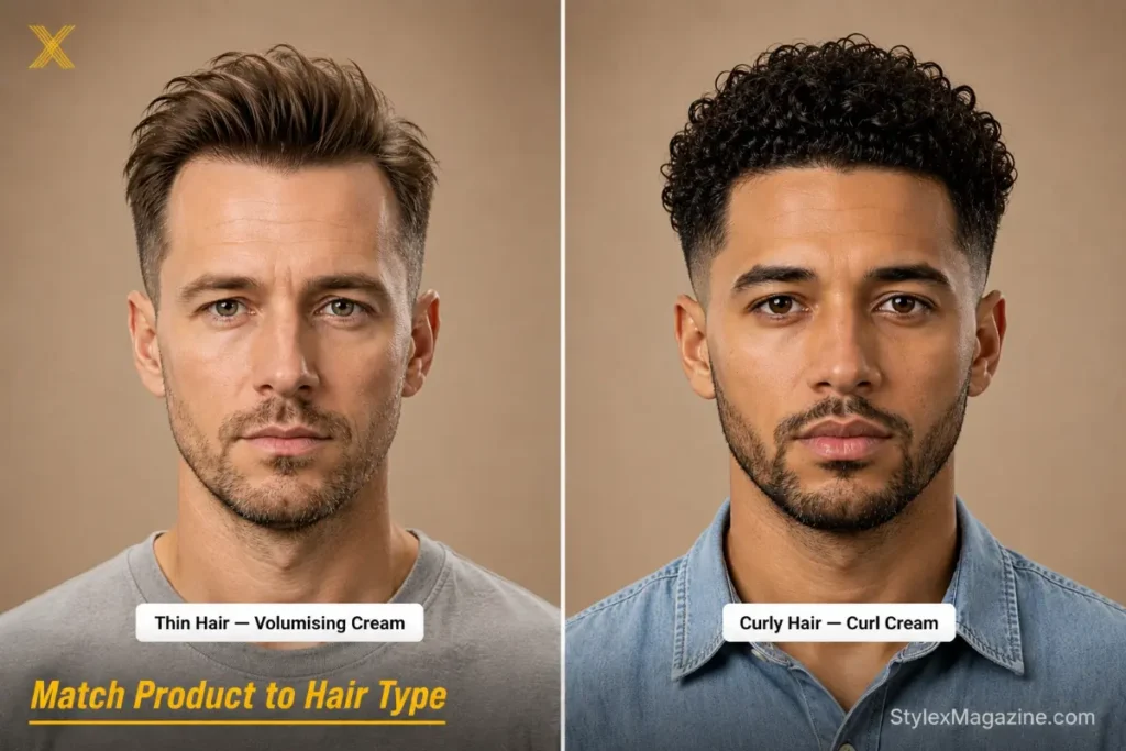 Side by side slick back comparison showing thin hair with volumising cream on left and curly hair with curl cream on right