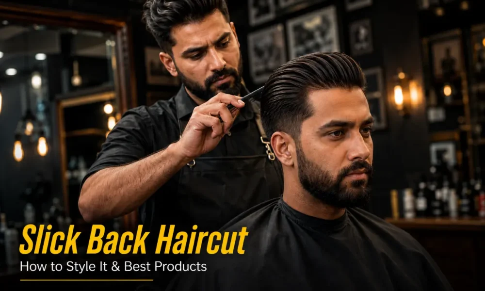 Slick back haircut featured image showing professional barber finishing a fresh slick back on a client