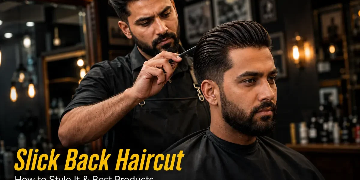 Slick back haircut featured image showing professional barber finishing a fresh slick back on a client