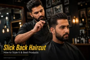 Slick back haircut featured image showing professional barber finishing a fresh slick back on a client