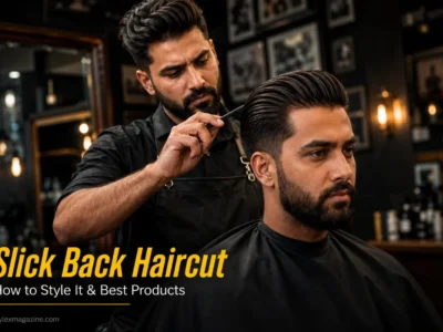 Slick back haircut featured image showing professional barber finishing a fresh slick back on a client