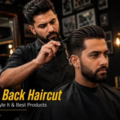 Slick back haircut featured image showing professional barber finishing a fresh slick back on a client