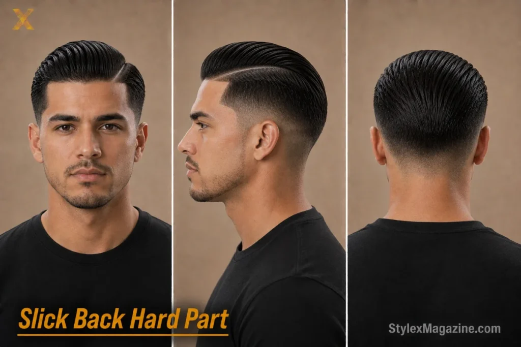 Slick back hard part on a Latino man with square face, razor-cut line on left side, mid fade below