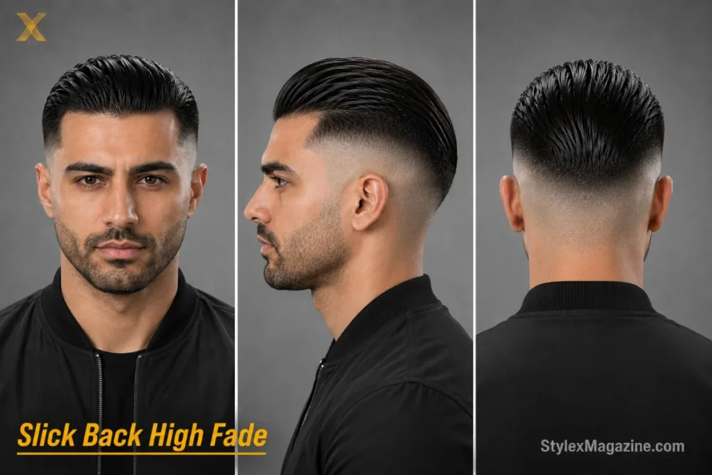 Slick back high fade with short beard on a Middle Eastern man, fade starting above the temple, sharp contrast