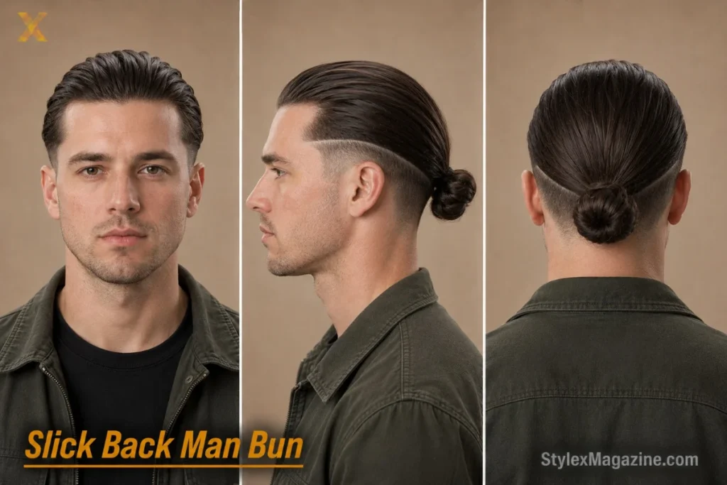 Slick back man bun on a white man with oblong face, long hair tied at nape, undercut sides