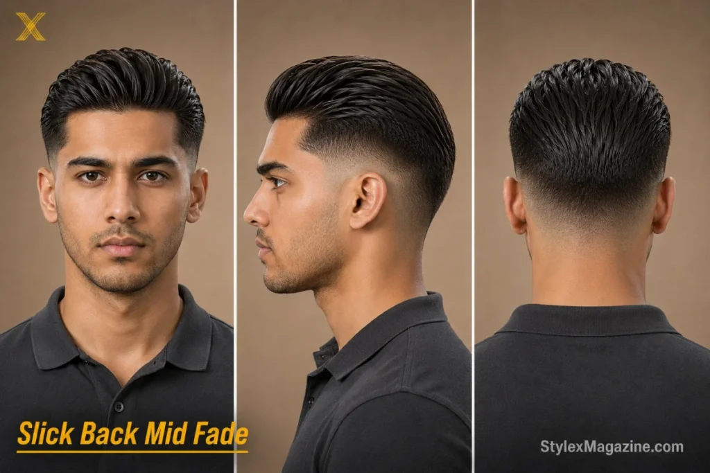 Slick back mid fade on a South Asian man with rectangular face, hair combed back with mid fade starting at the temple