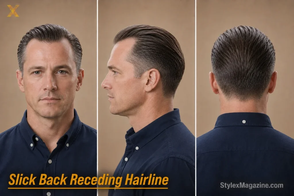 Slick back for receding hairline on a white man in his 40s, flat even top, matte pomade, natural hairline shown