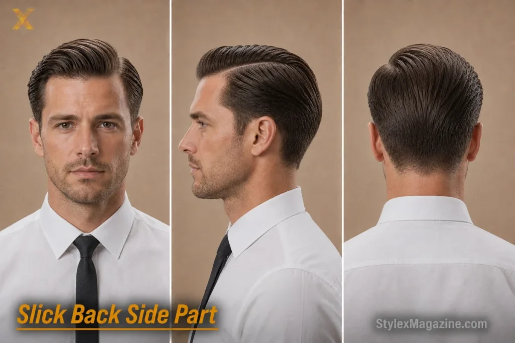 Slick back side part on a white man with rectangular face in formal wear, clean left side part, taper sides
