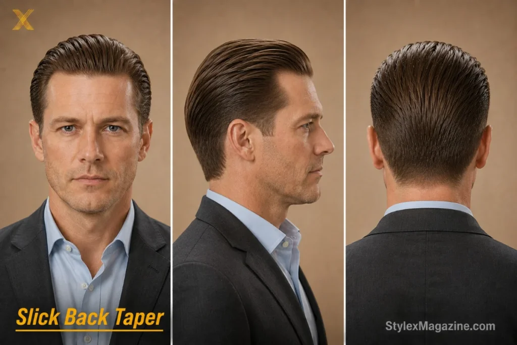 Slick back taper on a white man with oval face wearing a suit, gradual taper to neckline, professional finish