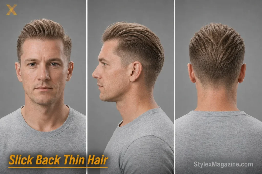 Slick back for thin hair on a white man with oval face, volumising matte cream, tight sides creating density illusion