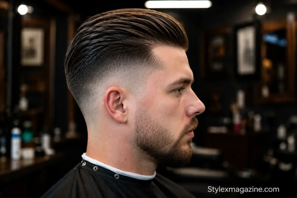 Slick back undercut showing very short sides with hard disconnect against fuller backward swept top