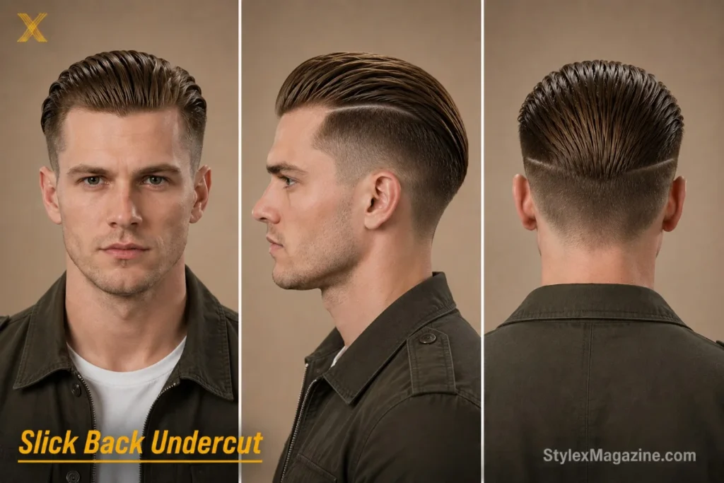 Slick back undercut on a white man with oblong face, disconnected hard line separating long slicked top from short sides